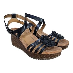 Vionic Clarisa Wedge Sandals Sz 11 Wide Raffia Leather Ankle Strap Black Buckle